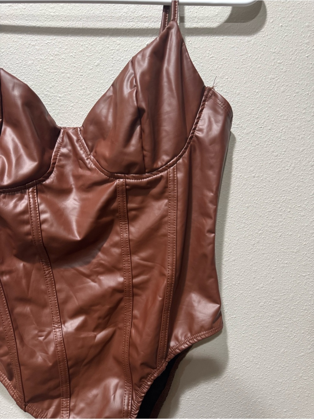 Brown Faux Leather Corset-Style Bodysuit